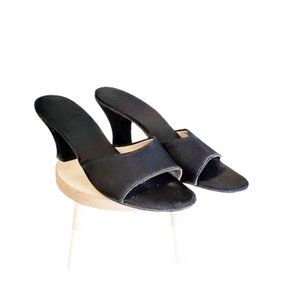 1960s Vintage Black Fabric Slides Shoes Slippers With High Heels And Open Toes